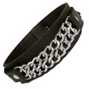 Black Leather Armband With Double Chains